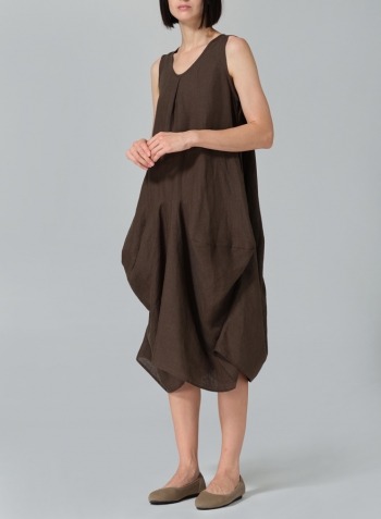 Dark Olive Brown Linen Sleeveless Draped Dress