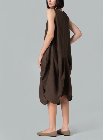 Dark Olive Brown Linen Sleeveless Draped Dress
