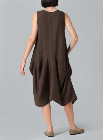 Dark Olive Brown Linen Sleeveless Draped Dress