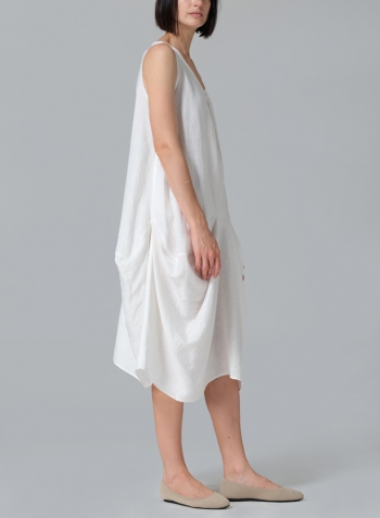 White Linen Sleeveless Draped Dress