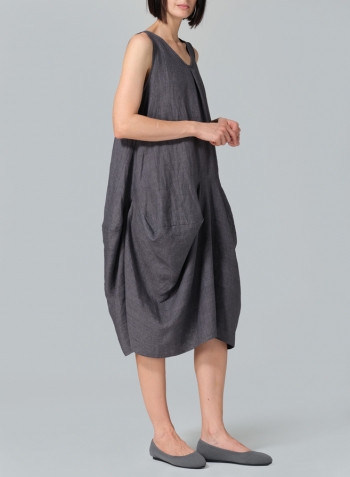 Charcoal Gray Linen Sleeveless Draped Dress