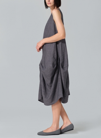Charcoal Gray Linen Sleeveless Draped Dress