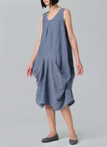 Denim Blue Linen Sleeveless Draped Dress