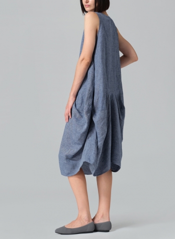 Denim Blue Linen Sleeveless Draped Dress