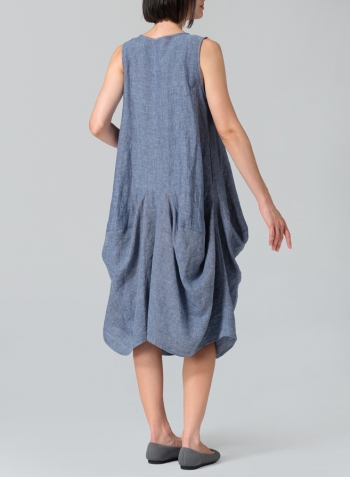 Denim Blue Linen Sleeveless Draped Dress