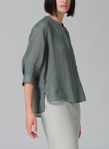 Green Gray Linen Back Keyhole Blouse