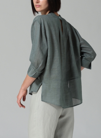 Green Gray Linen Back Keyhole Blouse