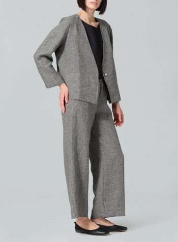 Two Tone Charcoal Linen Classic Single-Button Long Sleeves Jacket Set