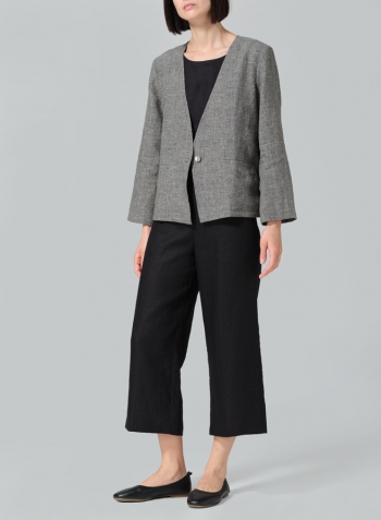 Two Tone Charcoal Linen Classic Single-Button Long Sleeves Jacket