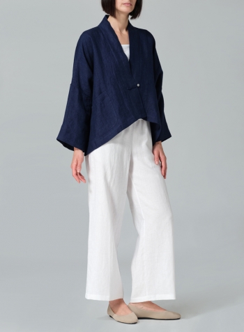 Blue Double Cloth Medium Weight Linen Kimono Long Sleeve Jacket