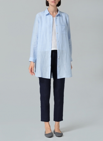 Powder Blue Linen L/S Solid Basic Button Front Long Blouse