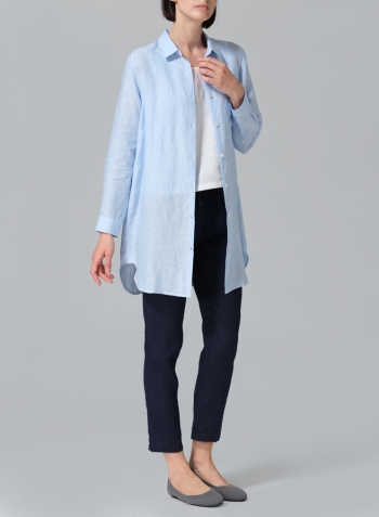 Powder Blue Linen L/S Solid Basic Button Front Long Blouse