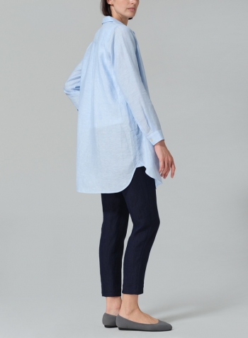 Powder Blue Linen L/S Solid Basic Button Front Long Blouse