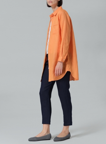 Orange Linen L/S Solid Basic Button Front Long Blouse