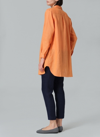 Orange Linen L/S Solid Basic Button Front Long Blouse