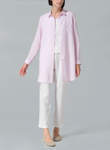 Soft Pink Linen L/S Solid Basic Button Front Long Blouse