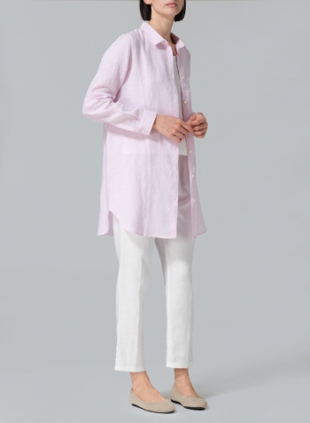 Soft Pink Linen L/S Solid Basic Button Front Long Blouse
