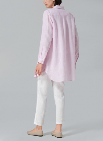 Soft Pink Linen L/S Solid Basic Button Front Long Blouse