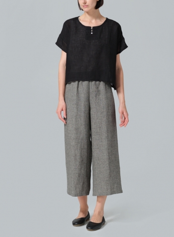 Black Linen Handmade Knot Button Boxy Cropped Top