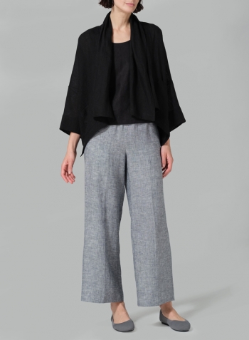 Black Linen Shawl Collar Open Front Cropped Jacket