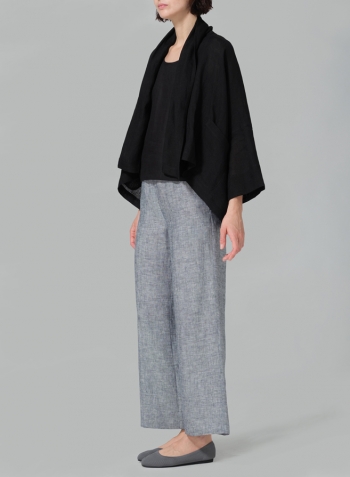 Black Linen Shawl Collar Open Front Cropped Jacket