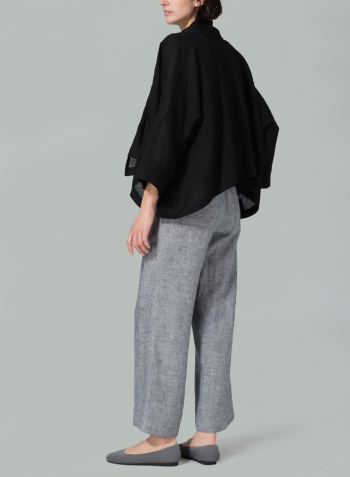 Black Linen Shawl Collar Open Front Cropped Jacket