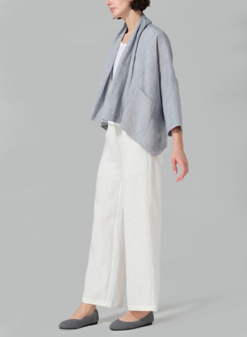 Two Tone Gray Linen Shawl Collar Open Front Cropped Jacket