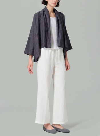 Smokey Blue Gray Linen Shawl Collar Open Front Cropped Jacket