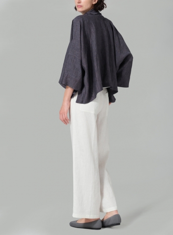 Smokey Blue Gray Linen Shawl Collar Open Front Cropped Jacket