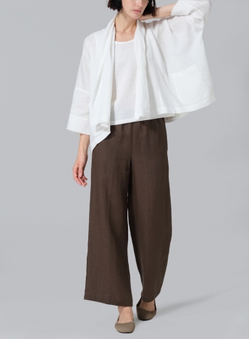 White Linen Shawl Collar Open Front Cropped Jacket