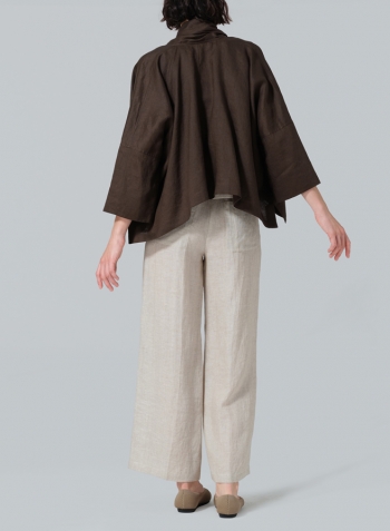 Olive Brown Linen Shawl Collar Open Front Cropped Jacket
