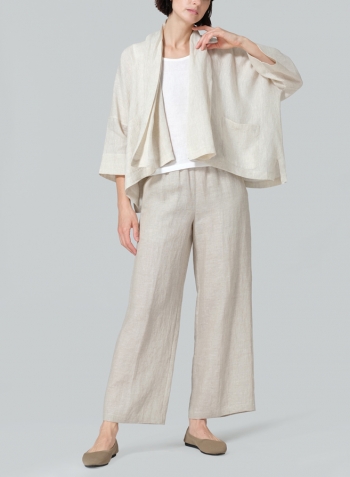 Oat Linen Shawl Collar Open Front Cropped Jacket