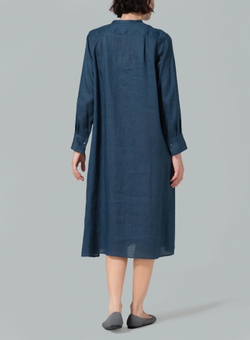 Oriental Blue Linen A-shape Long Shirt Dress