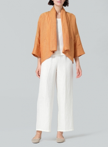 Golden Brown Linen Shawl Collar Open Front Cropped Jacket