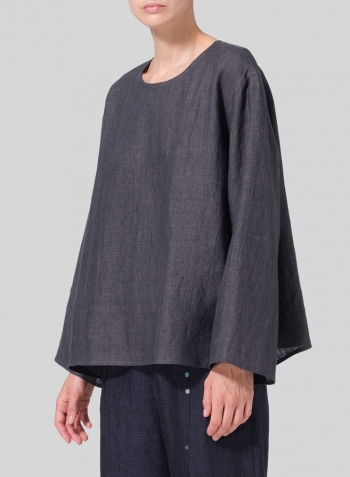Charcoal Gray Linen Long Sleeve Loose Fit Blouse
