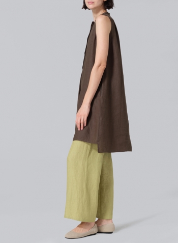 Dark Olive Brown Linen Sleeveless A-line Long Tunic