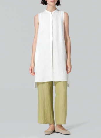Ivory White Linen Sleeveless A-line Long Tunic
