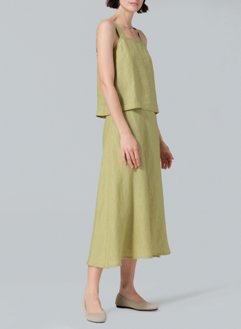 Olive Yellow Linen Pull-On A-Line Flowing Skirt