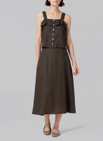 Dark Olive Linen Pull-On A-Line Flowing Skirt