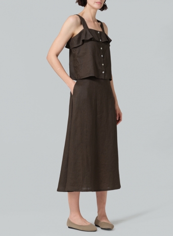 Dark Olive Linen Pull-On A-Line Flowing Skirt