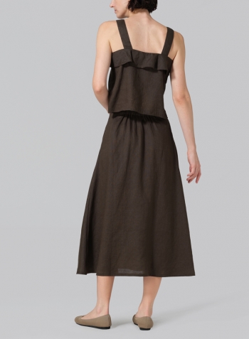 Dark Olive Linen Pull-On A-Line Flowing Skirt