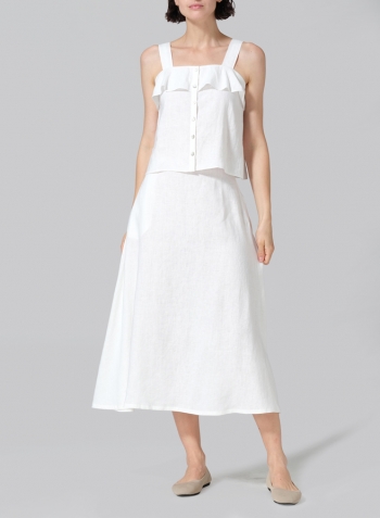 White Linen Pull-On A-Line Flowing Skirt