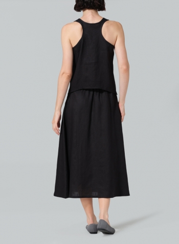 Black Linen Pull-On A-Line Flowing Skirt