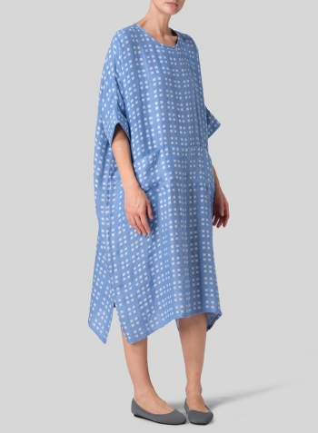 White Blue Checked Linen Oversized Dolman Sleeve Dress