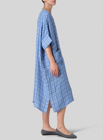 White Blue Checked Linen Oversized Dolman Sleeve Dress