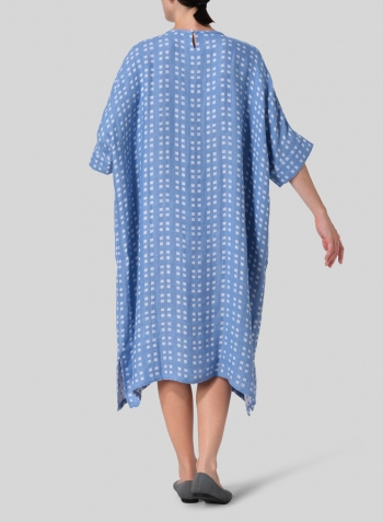 White Blue Checked Linen Oversized Dolman Sleeve Dress