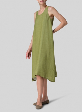 Olive Green Linen Lining A-Shape Midi Dress