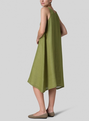 Olive Green Linen Lining A-Shape Midi Dress