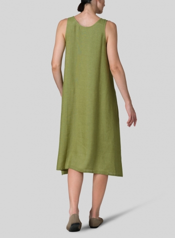 Olive Green Linen Lining A-Shape Midi Dress