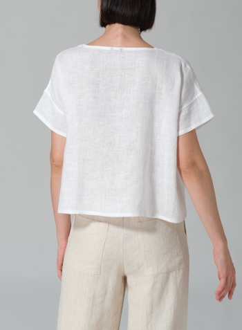 White Linen Handmade Knot Button Boxy Cropped Top